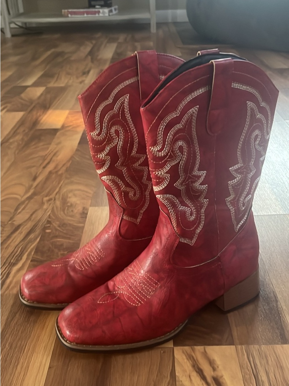Red Cowboy Boots with Decorative Stitching